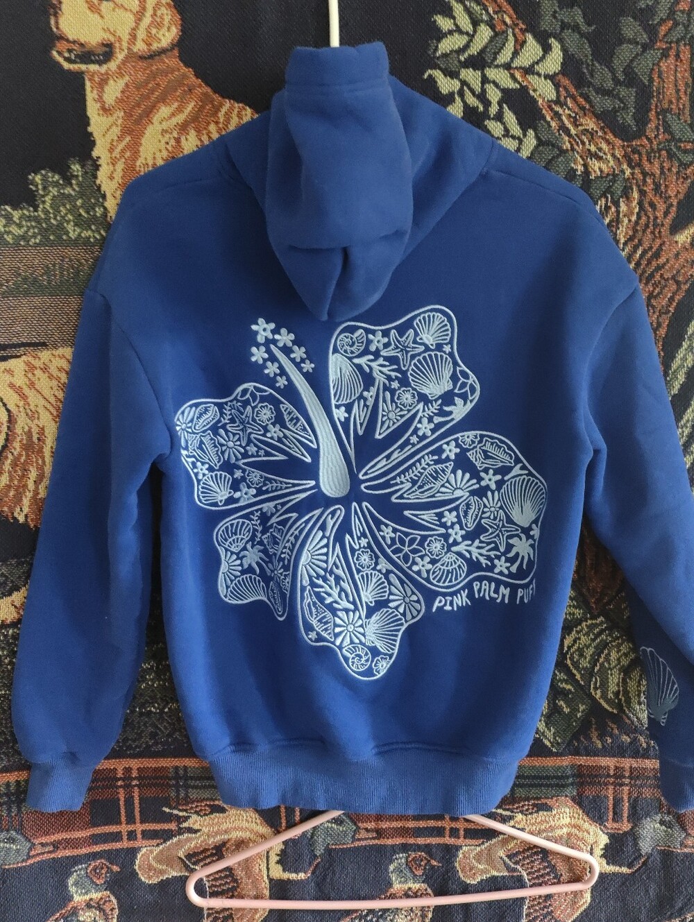 Pink Palm Puff Hoodie Oceanic Blue XXS
